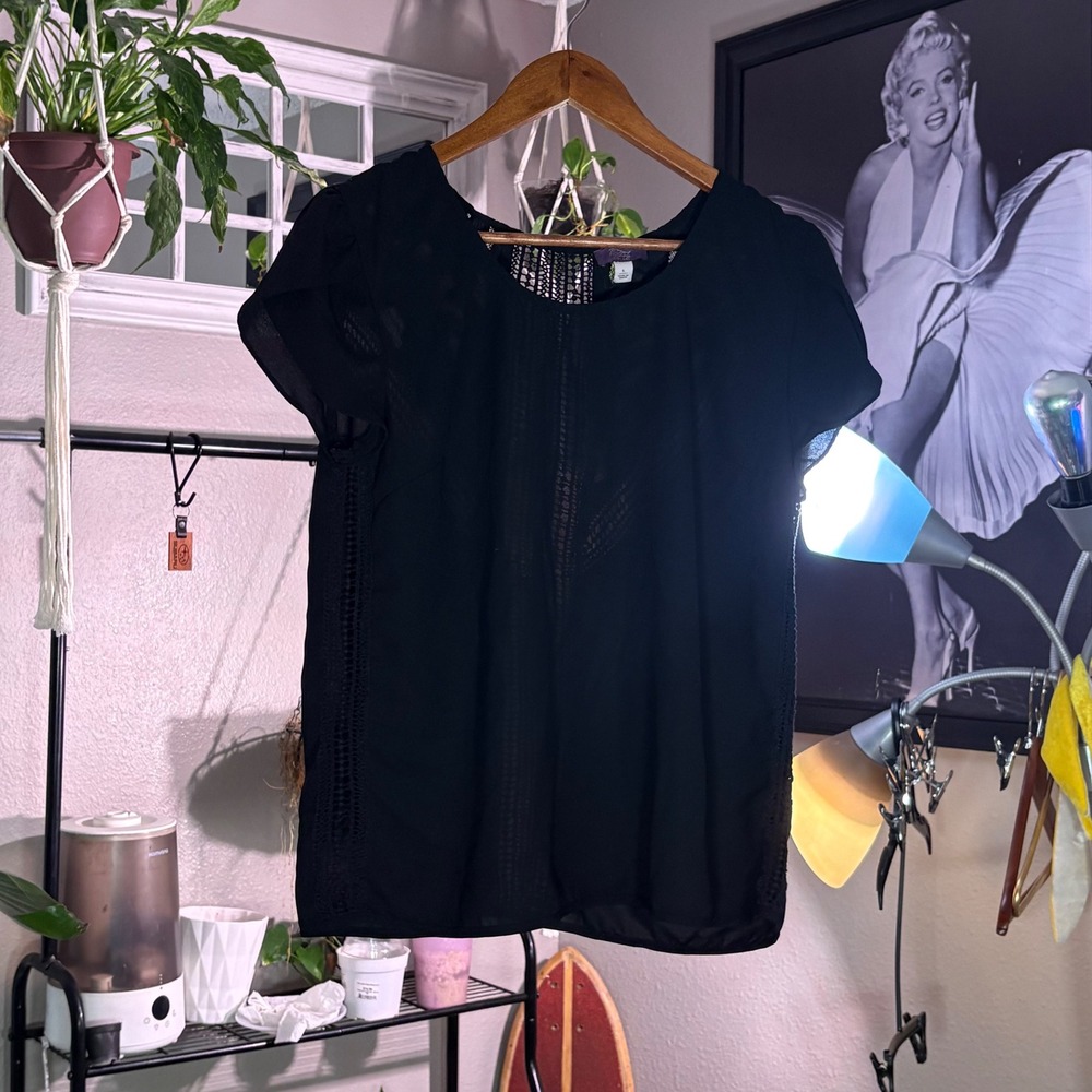 Truly Poppy Black Lace Inset Short Sleeve Blouse Crochet Trim Top Large